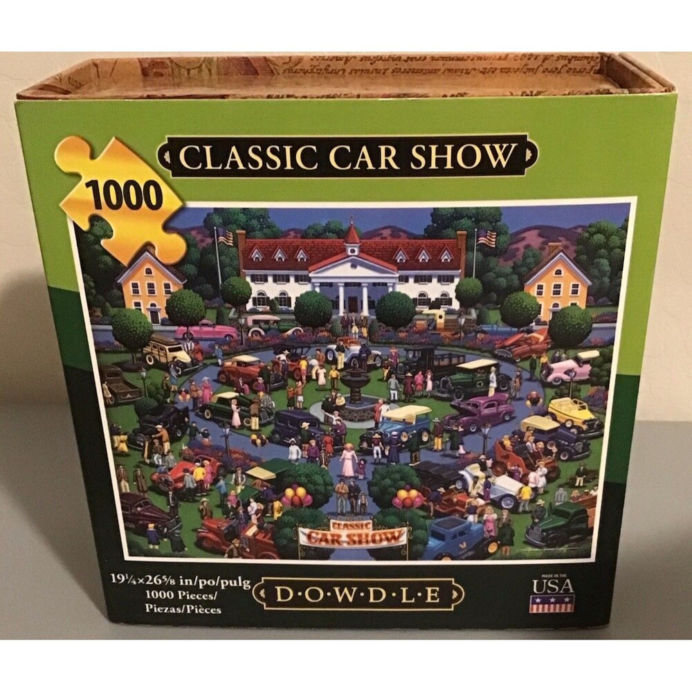 Dowdle Folk Art CLASSIC CAR SHOW jigsaw puzzle; 1000 pcs- NIB, w/Slipcover